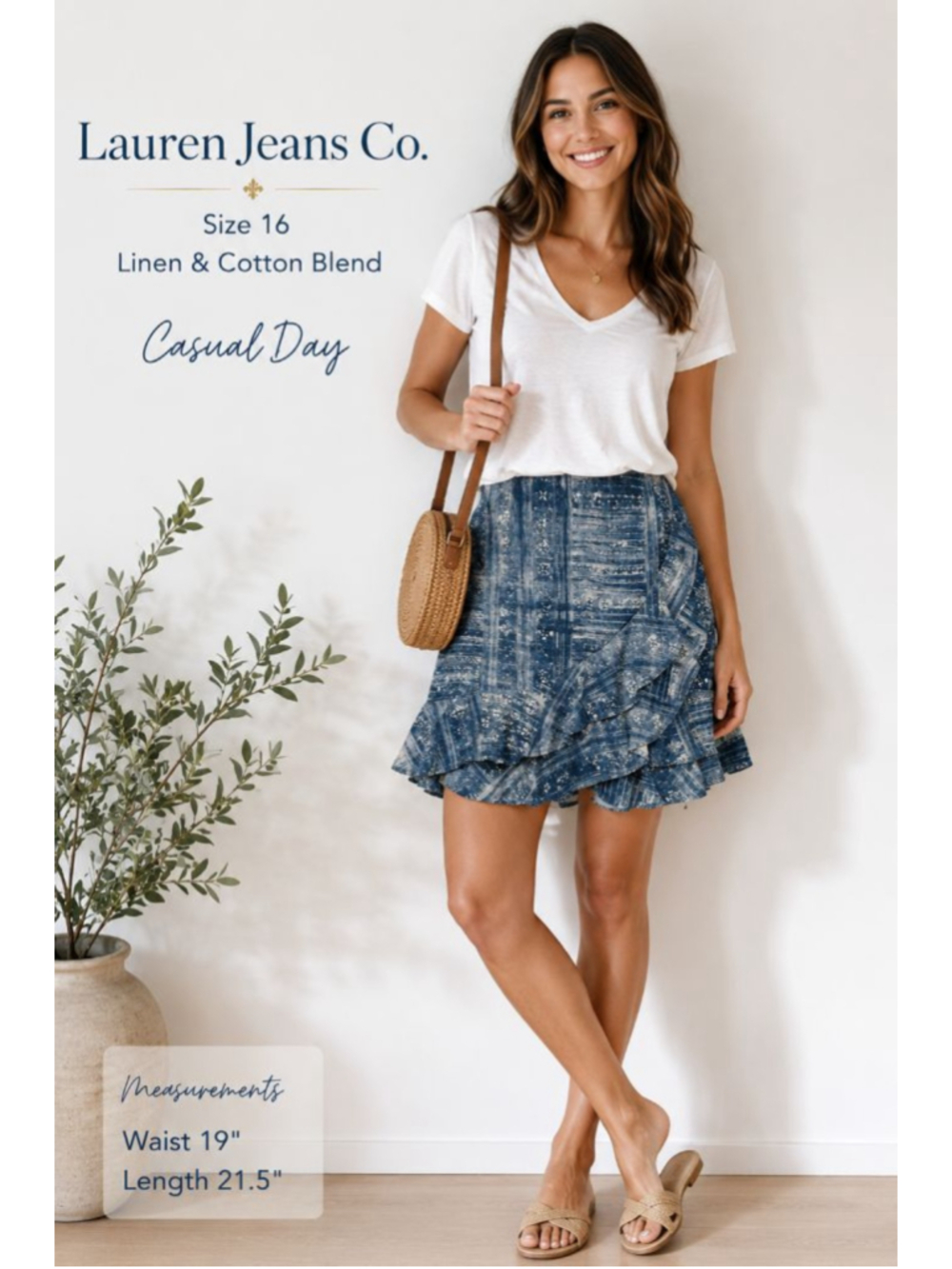 LRL Lauren Jeans Co Linen & Cotton Ruffle Wrap Skirt Size 16 Blue Indigo Boho